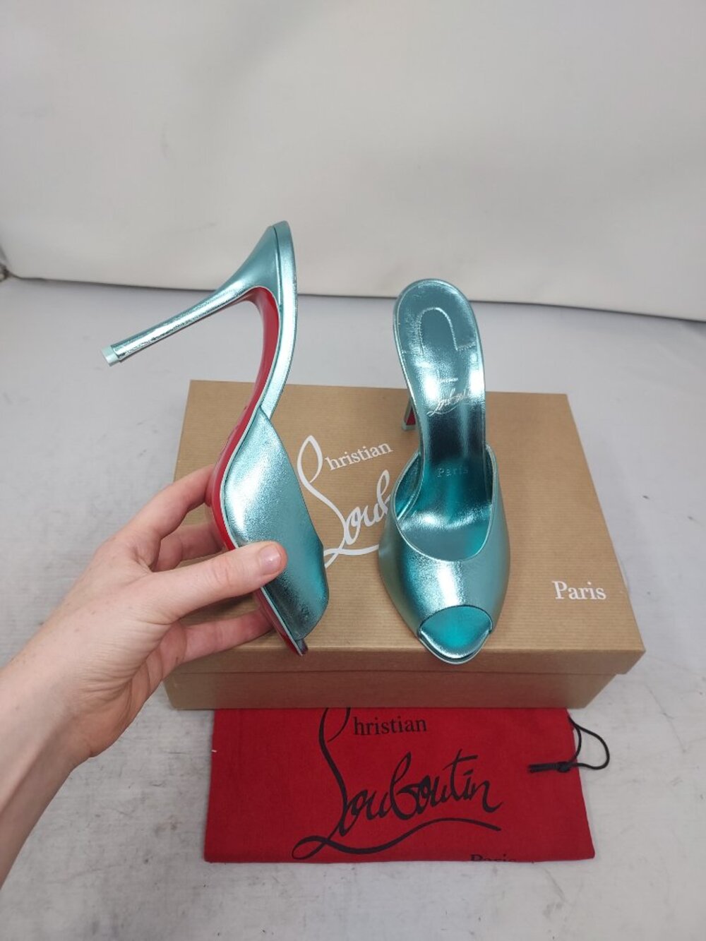 CHRISTIAN LOUBOUTIN Me Dolly Metallic Blue Bermuda Heel Mule Sandal